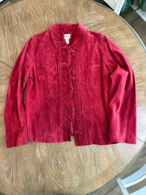 Chico's Red Suede leather Ruffle button up Jacket